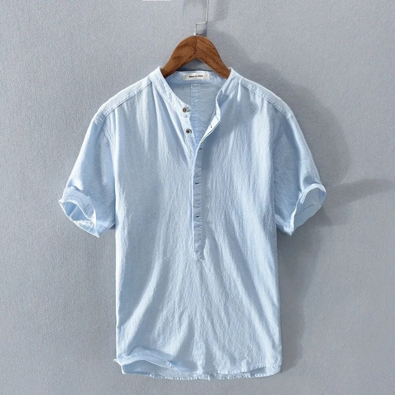 Ariel Cotton Linen Shirt – Mandarin Collar Short Sleeve Relaxed Breathable Casual Top