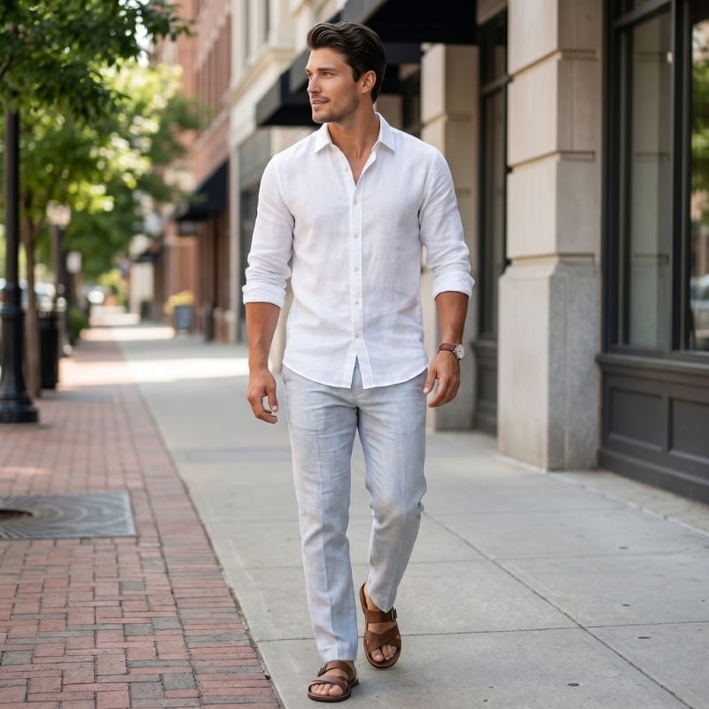 Michael Linen Button-Down Shirt – Spread Collar Relaxed Fit Breathable Lightweight Casual Top