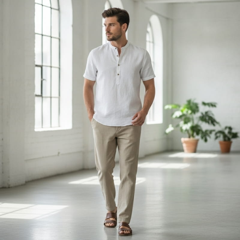 Ariel Cotton Linen Shirt – Mandarin Collar Short Sleeve Relaxed Breathable Casual Top