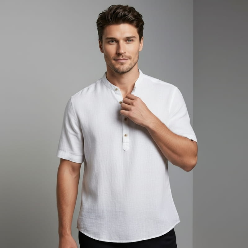 Ariel Cotton Linen Shirt – Mandarin Collar Short Sleeve Relaxed Breathable Casual Top