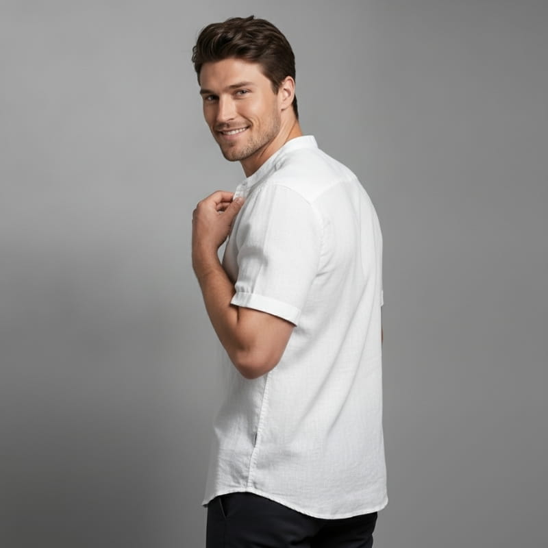 Ariel Cotton Linen Shirt – Mandarin Collar Short Sleeve Relaxed Breathable Casual Top