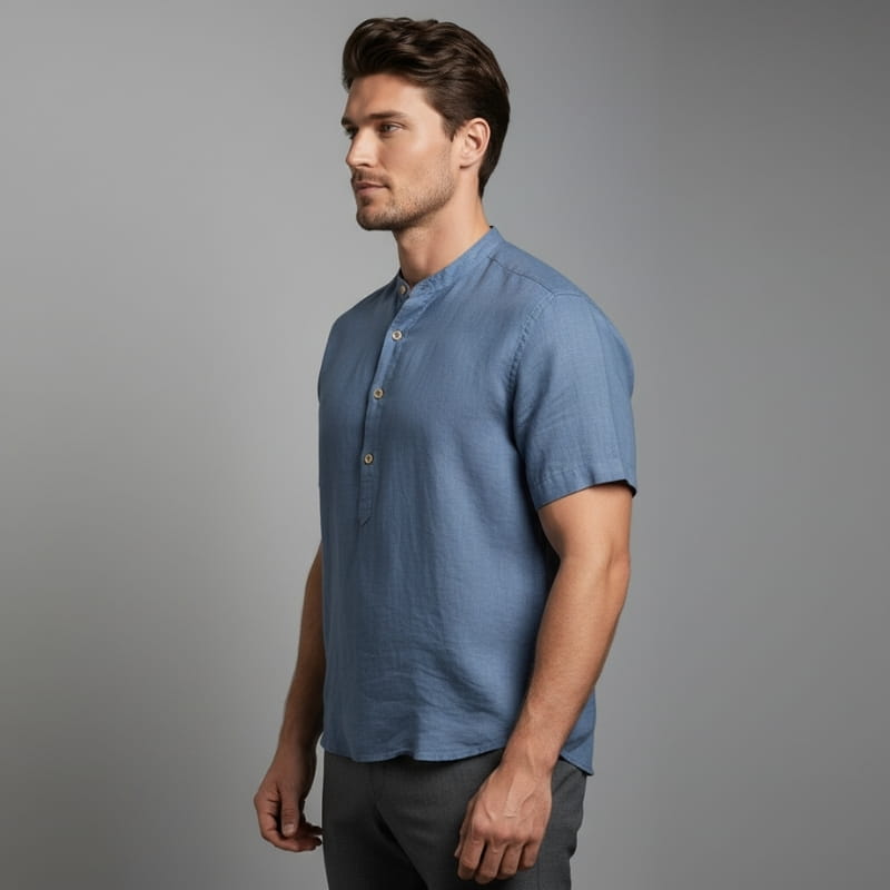Ariel Cotton Linen Shirt – Mandarin Collar Short Sleeve Relaxed Breathable Casual Top