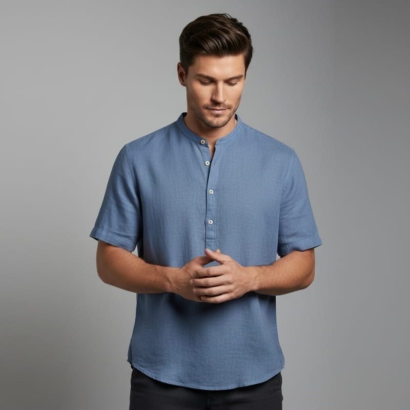 Ariel Cotton Linen Shirt – Mandarin Collar Short Sleeve Relaxed Breathable Casual Top