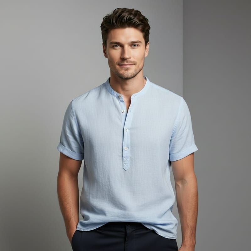 Ariel Cotton Linen Shirt – Mandarin Collar Short Sleeve Relaxed Breathable Casual Top