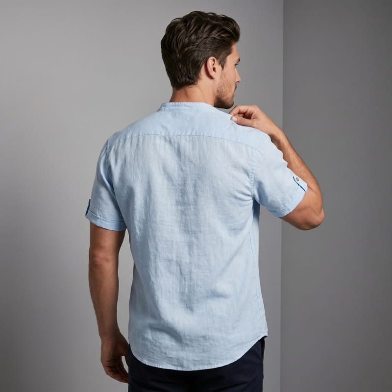 Ariel Cotton Linen Shirt – Mandarin Collar Short Sleeve Relaxed Breathable Casual Top