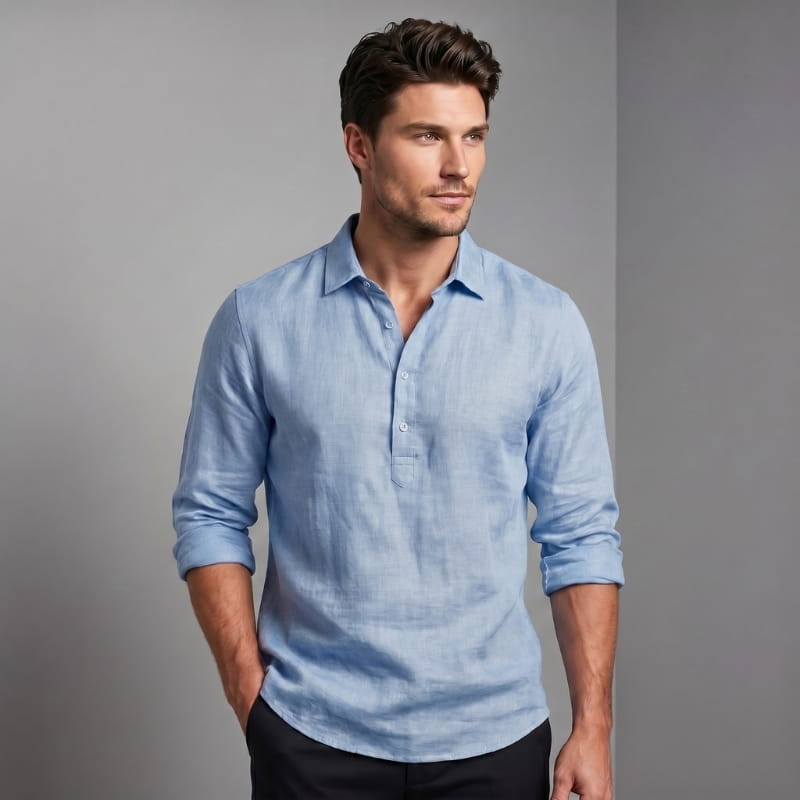 Royce Linen Blend Casual Shirt – Roll-Tab Sleeve Popover Collar Relaxed Breathable Top