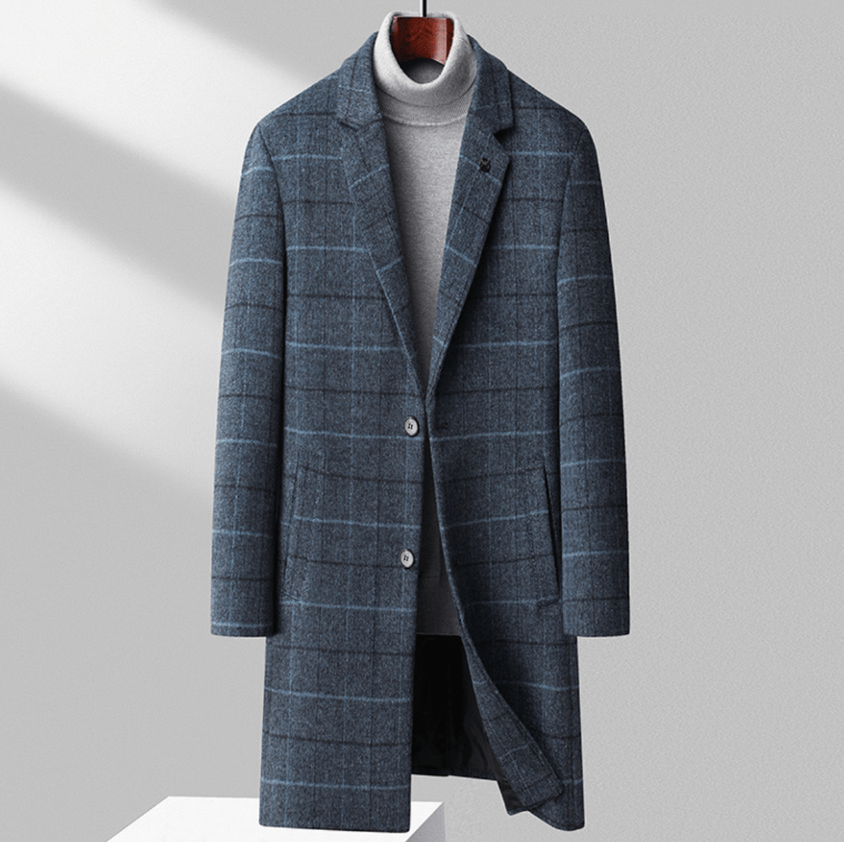 Asher Men’s Wool Coat – Windowpane Overcoat with Structured Mid-Length Design