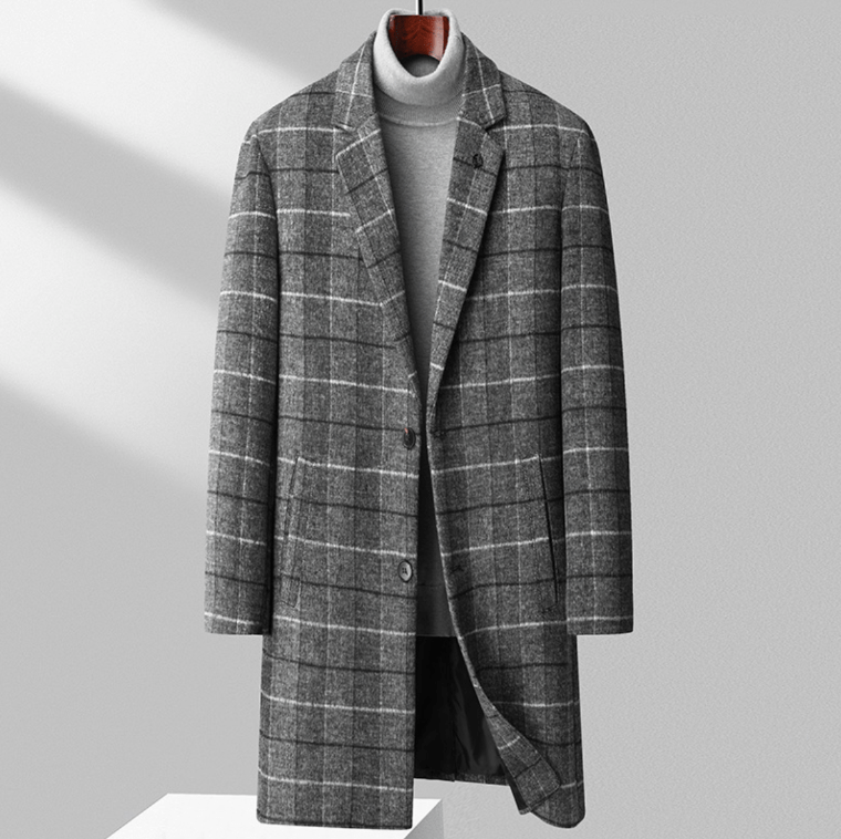 Asher Men’s Wool Coat – Windowpane Overcoat with Structured Mid-Length Design
