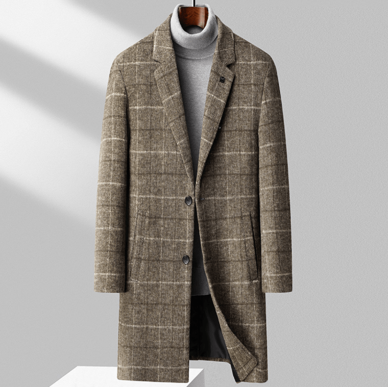 Asher Men’s Wool Coat – Windowpane Overcoat with Structured Mid-Length Design