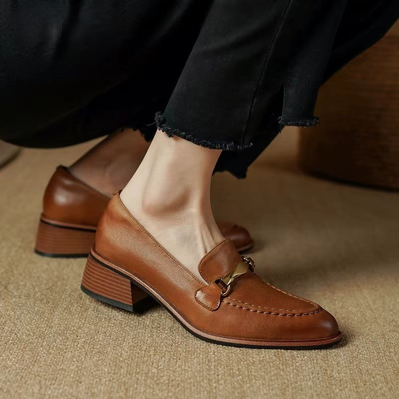 Josephine Women’s Leather Loafers – Heeled Slip-On Dress Shoes with Gold Horsebit Detail