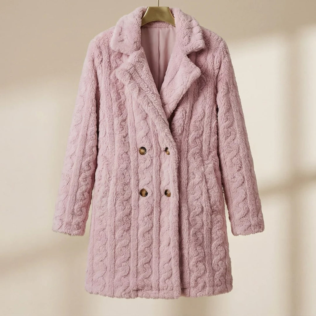 Sanne Women’s Plush Coat – Double-Breasted Mid-Length Faux Fur Winter Jacket