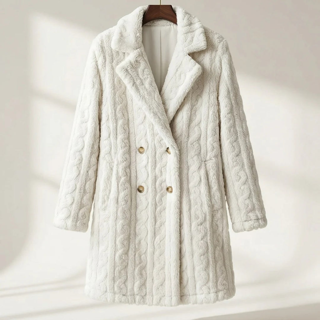 Sanne Women’s Plush Coat – Double-Breasted Mid-Length Faux Fur Winter Jacket