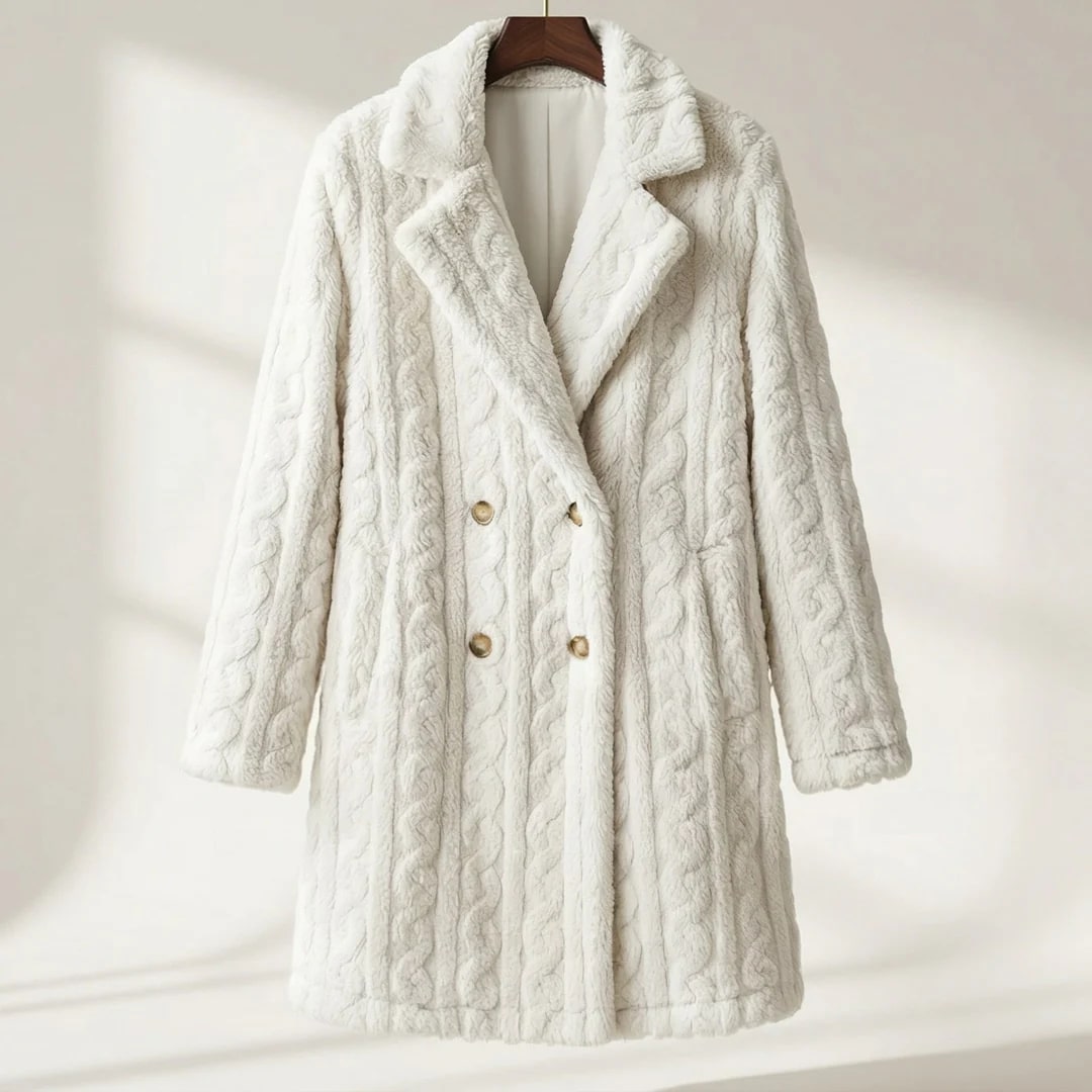 Sanne Women’s Plush Coat – Double-Breasted Mid-Length Faux Fur Winter Jacket