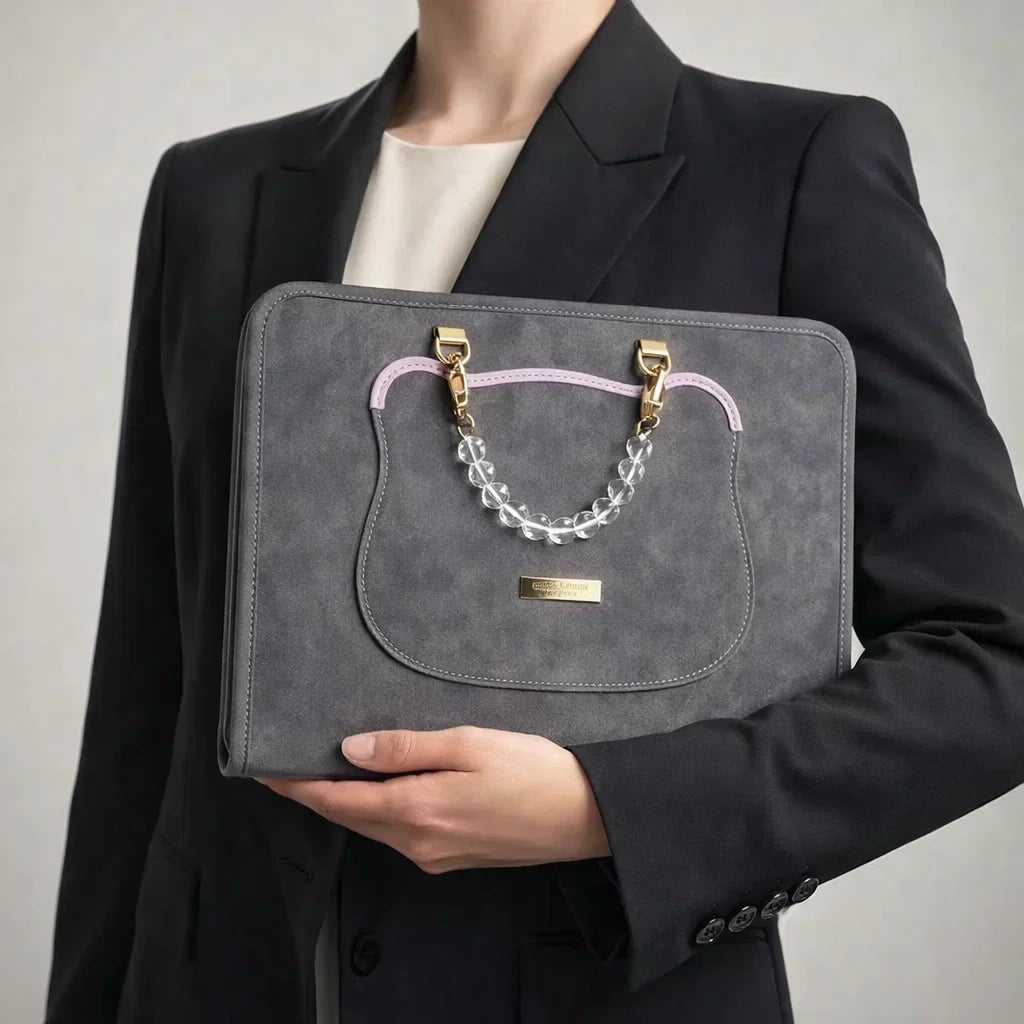 Noor Women’s Mac Bag – Structured Suede with Acrylic Top Handle & Compact Carry