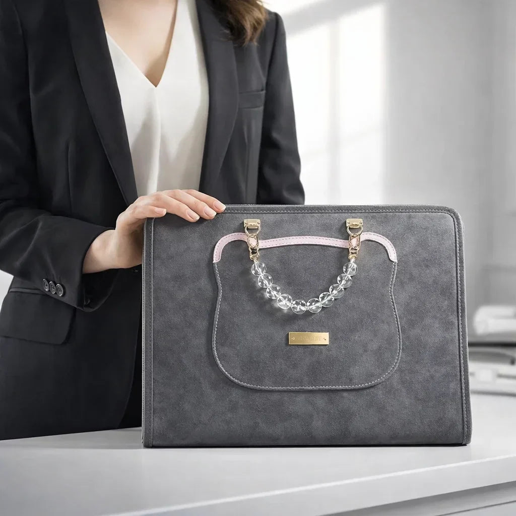 Noor Women’s Mac Bag – Structured Suede with Acrylic Top Handle & Compact Carry