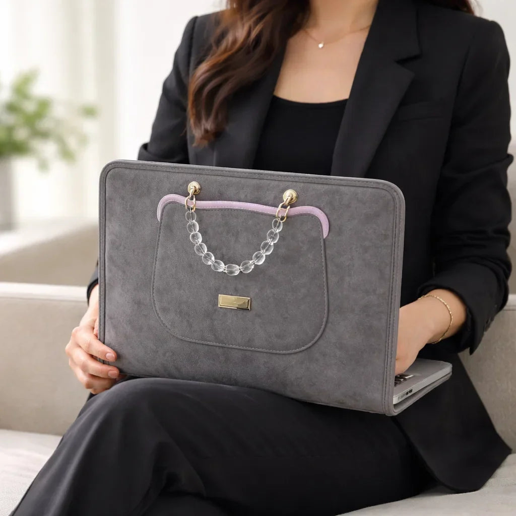 Noor Women’s Mac Bag – Structured Suede with Acrylic Top Handle & Compact Carry