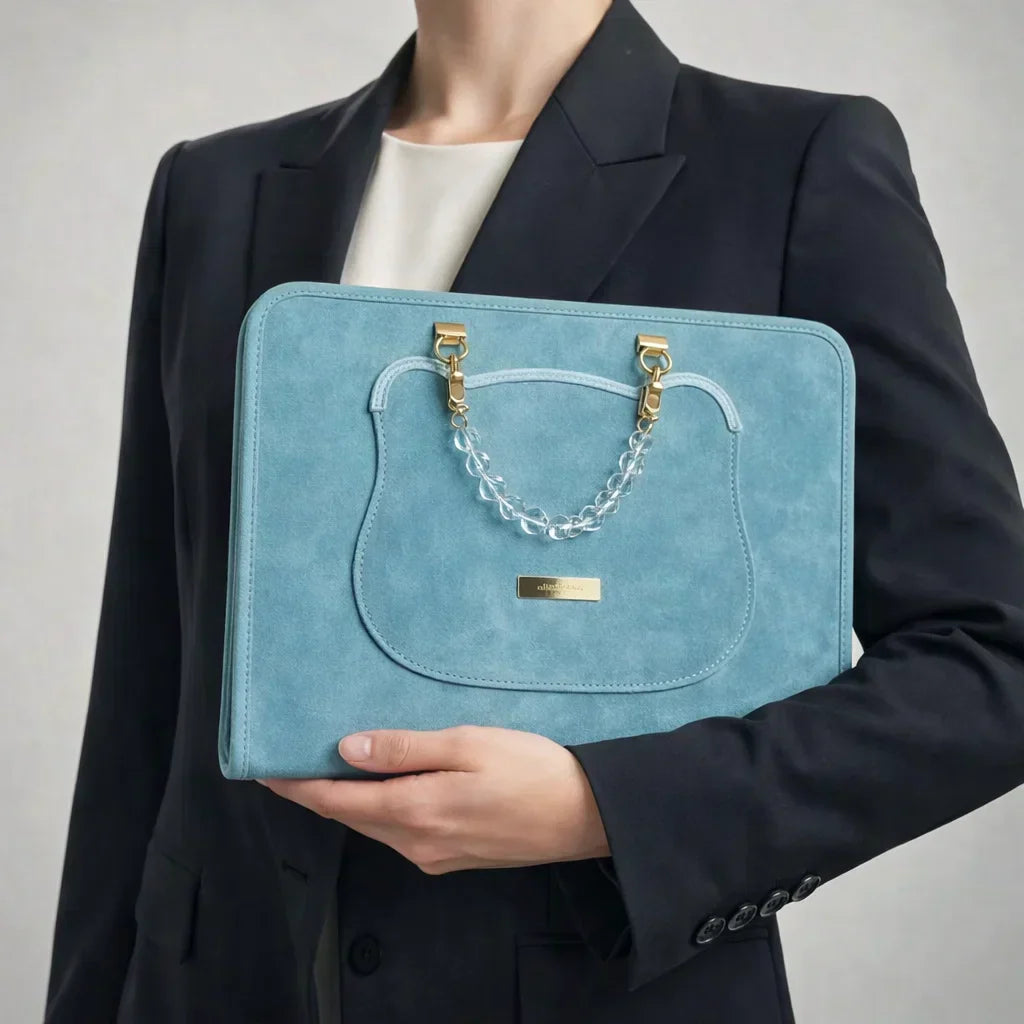 Noor Women’s Mac Bag – Structured Suede with Acrylic Top Handle & Compact Carry