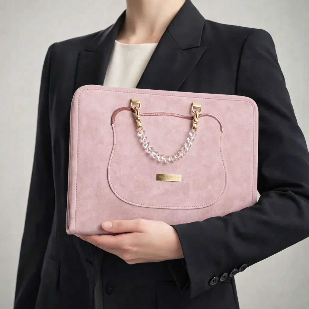 Noor Women’s Mac Bag – Structured Suede with Acrylic Top Handle & Compact Carry