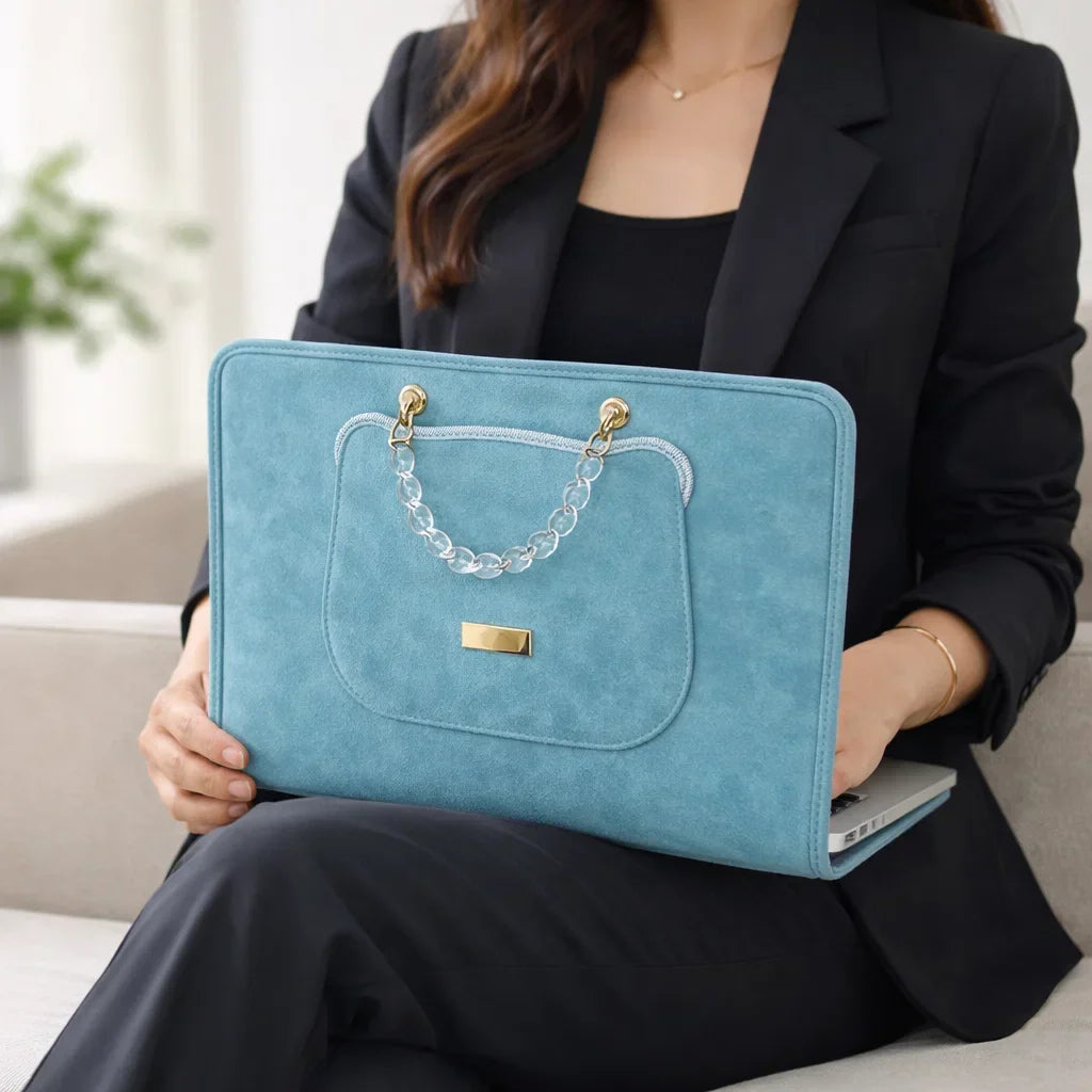 Noor Women’s Mac Bag – Structured Suede with Acrylic Top Handle & Compact Carry