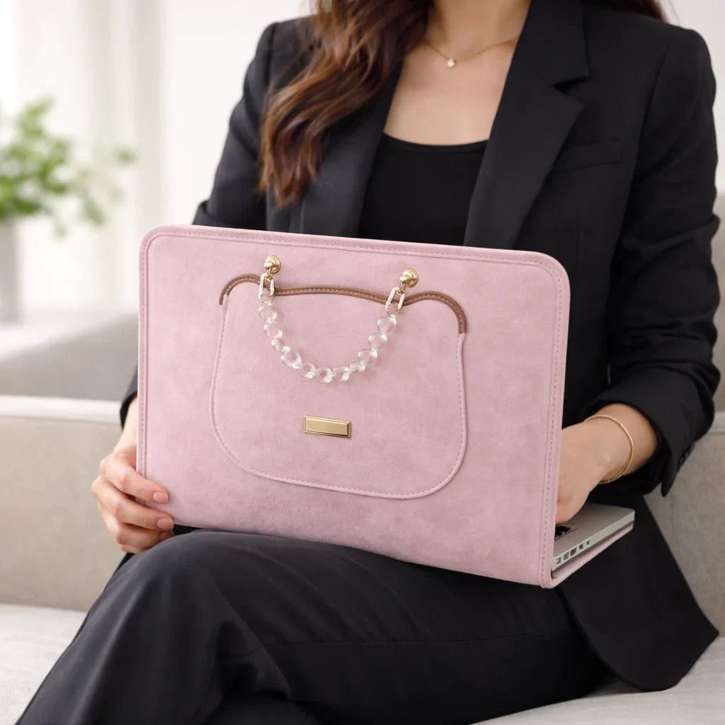 Noor Women’s Mac Bag – Structured Suede with Acrylic Top Handle & Compact Carry