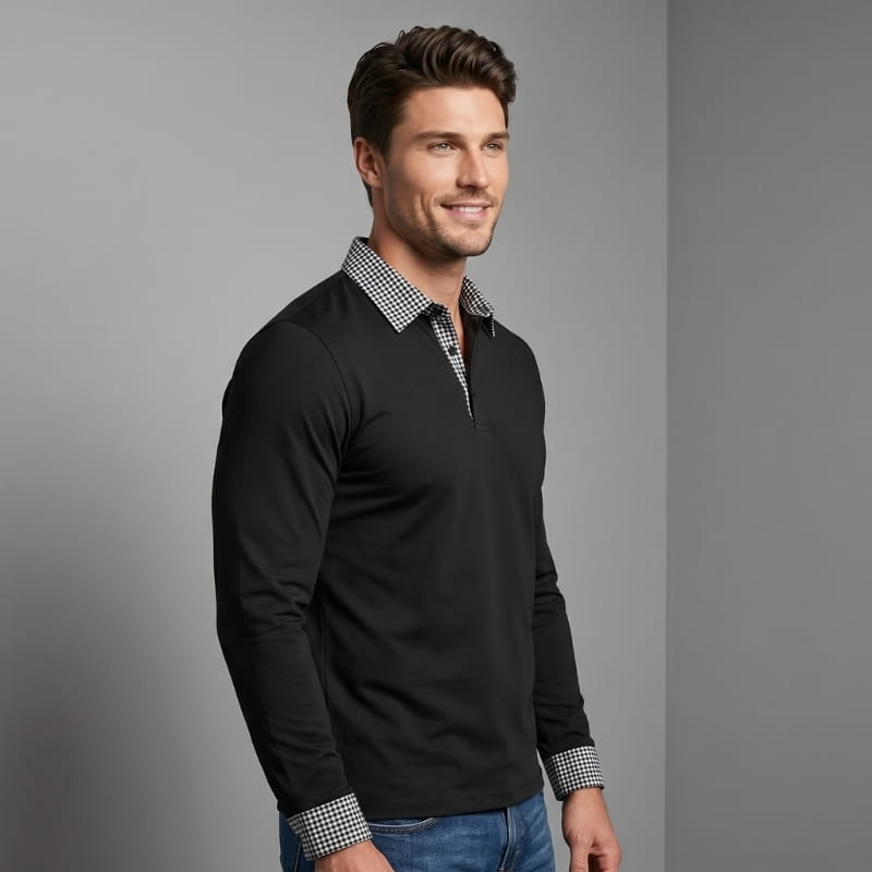 Xavier Cotton Plaid Patchwork Long Sleeve Polo Shirt – Button Collar Chest Pocket Casual Top