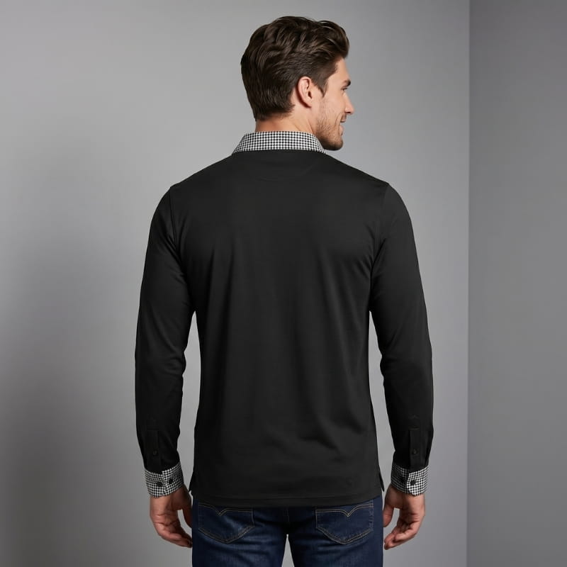 Xavier Cotton Plaid Patchwork Long Sleeve Polo Shirt – Button Collar Chest Pocket Casual Top