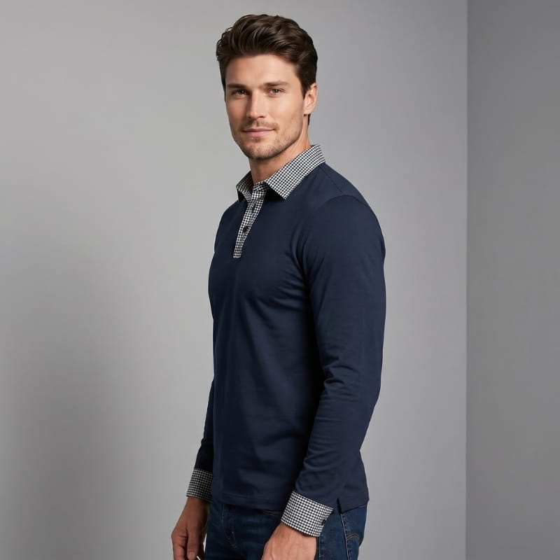 Xavier Cotton Plaid Patchwork Long Sleeve Polo Shirt – Button Collar Chest Pocket Casual Top