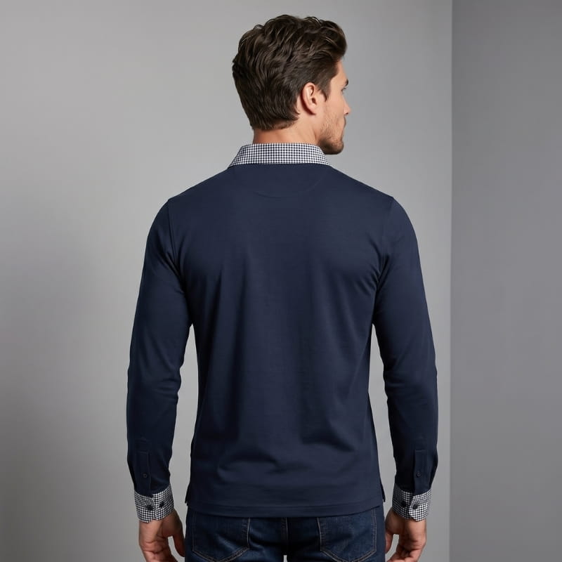 Xavier Cotton Plaid Patchwork Long Sleeve Polo Shirt – Button Collar Chest Pocket Casual Top
