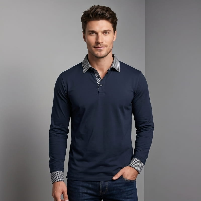 Xavier Cotton Plaid Patchwork Long Sleeve Polo Shirt – Button Collar Chest Pocket Casual Top