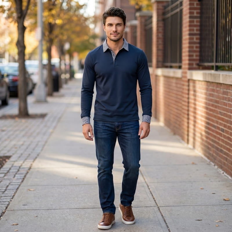 Xavier Cotton Plaid Patchwork Long Sleeve Polo Shirt – Button Collar Chest Pocket Casual Top