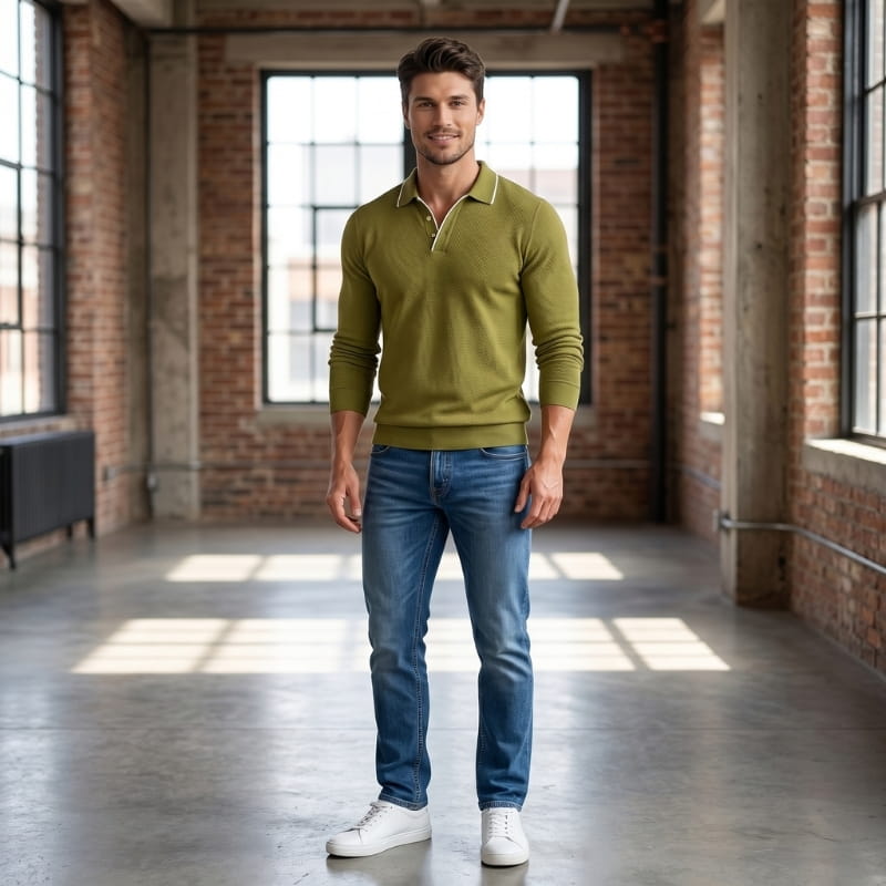 Hayden Waffle Knit Long Sleeve Polo Shirt – Contrast Tipped Lapel Slim Fit Casual Top
