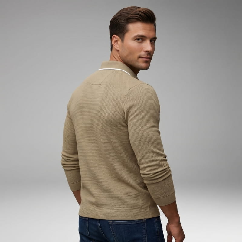 Hayden Waffle Knit Long Sleeve Polo Shirt – Contrast Tipped Lapel Slim Fit Casual Top