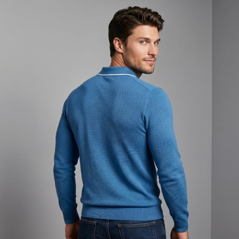 Hayden Waffle Knit Long Sleeve Polo Shirt – Contrast Tipped Lapel Slim Fit Casual Top