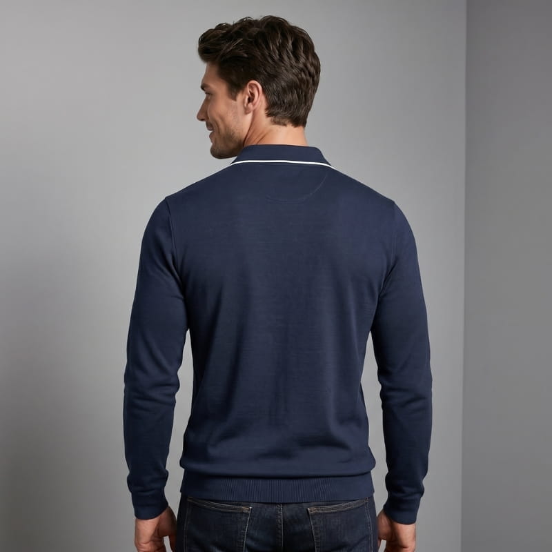 Hayden Waffle Knit Long Sleeve Polo Shirt – Contrast Tipped Lapel Slim Fit Casual Top