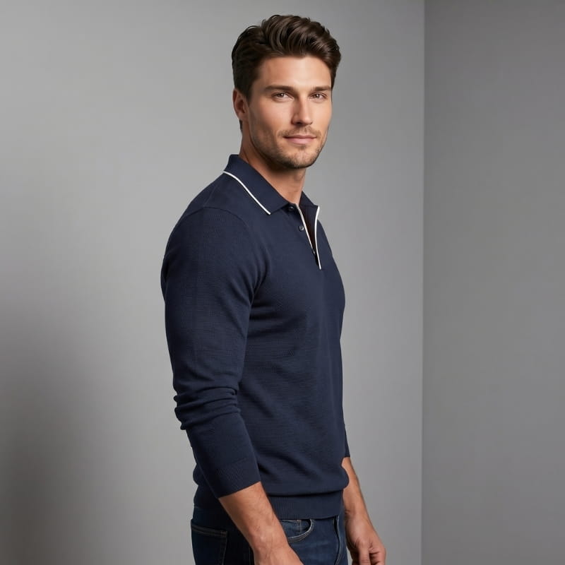 Hayden Waffle Knit Long Sleeve Polo Shirt – Contrast Tipped Lapel Slim Fit Casual Top