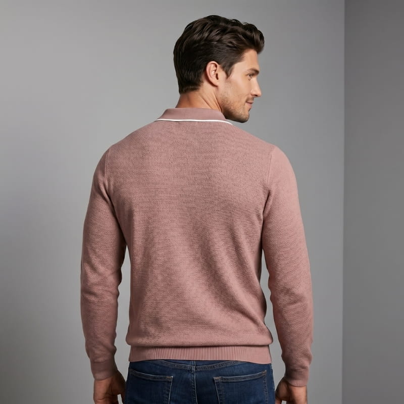 Hayden Waffle Knit Long Sleeve Polo Shirt – Contrast Tipped Lapel Slim Fit Casual Top