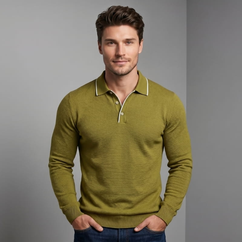 Hayden Waffle Knit Long Sleeve Polo Shirt – Contrast Tipped Lapel Slim Fit Casual Top