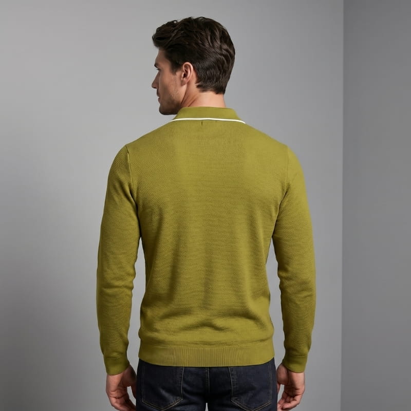 Hayden Waffle Knit Long Sleeve Polo Shirt – Contrast Tipped Lapel Slim Fit Casual Top