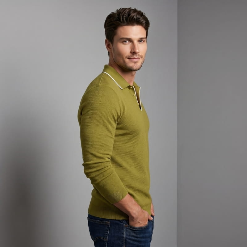 Hayden Waffle Knit Long Sleeve Polo Shirt – Contrast Tipped Lapel Slim Fit Casual Top