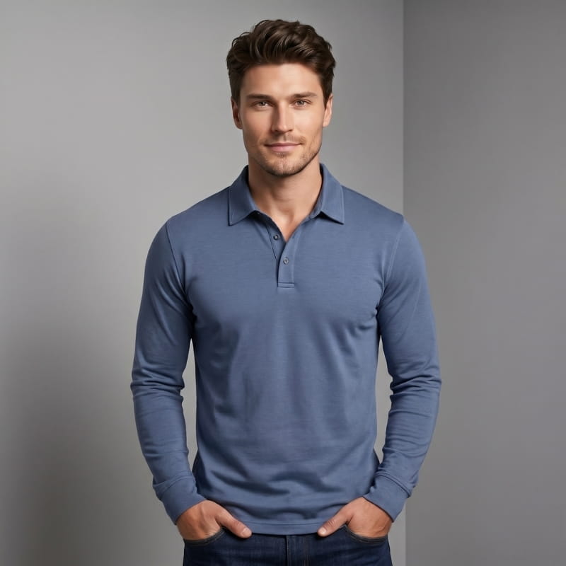 Orson Cotton Long Sleeve Polo Shirt – Open Collar Slim Fit Everyday Casual Top