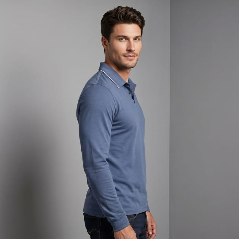 Orson Cotton Long Sleeve Polo Shirt – Open Collar Slim Fit Everyday Casual Top