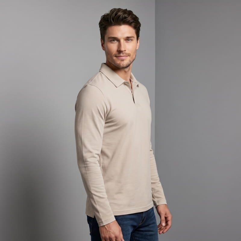 Orson Cotton Long Sleeve Polo Shirt – Open Collar Slim Fit Everyday Casual Top