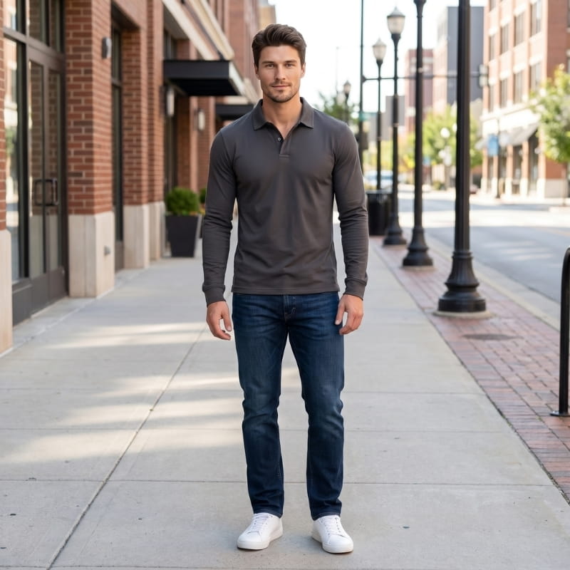 Orson Cotton Long Sleeve Polo Shirt – Open Collar Slim Fit Everyday Casual Top