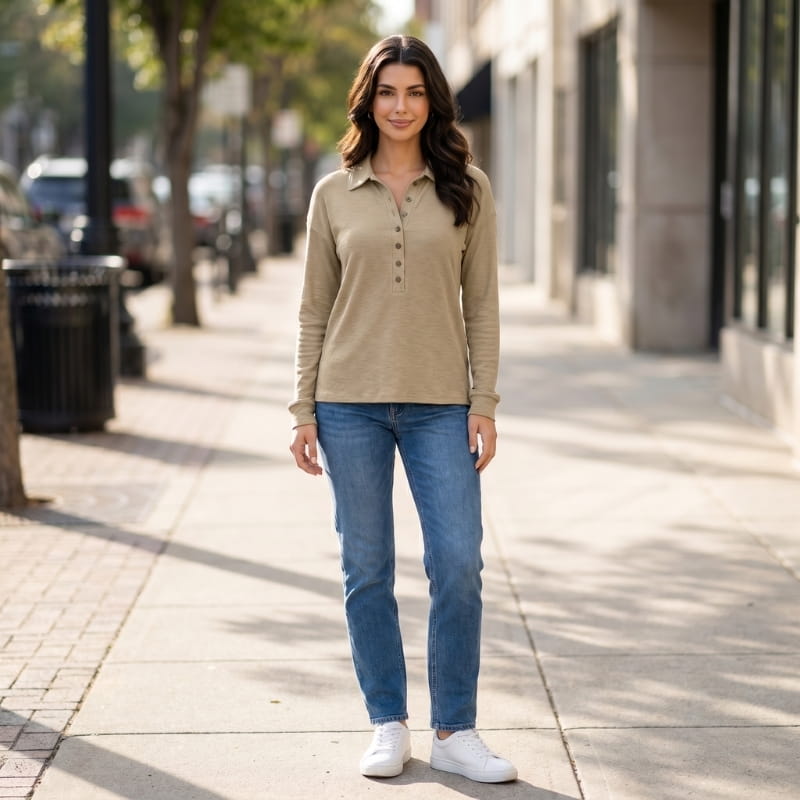 Eliana Ribbed Knit Long Sleeve Polo Shirt – Button-Down Collar Relaxed Casual Top
