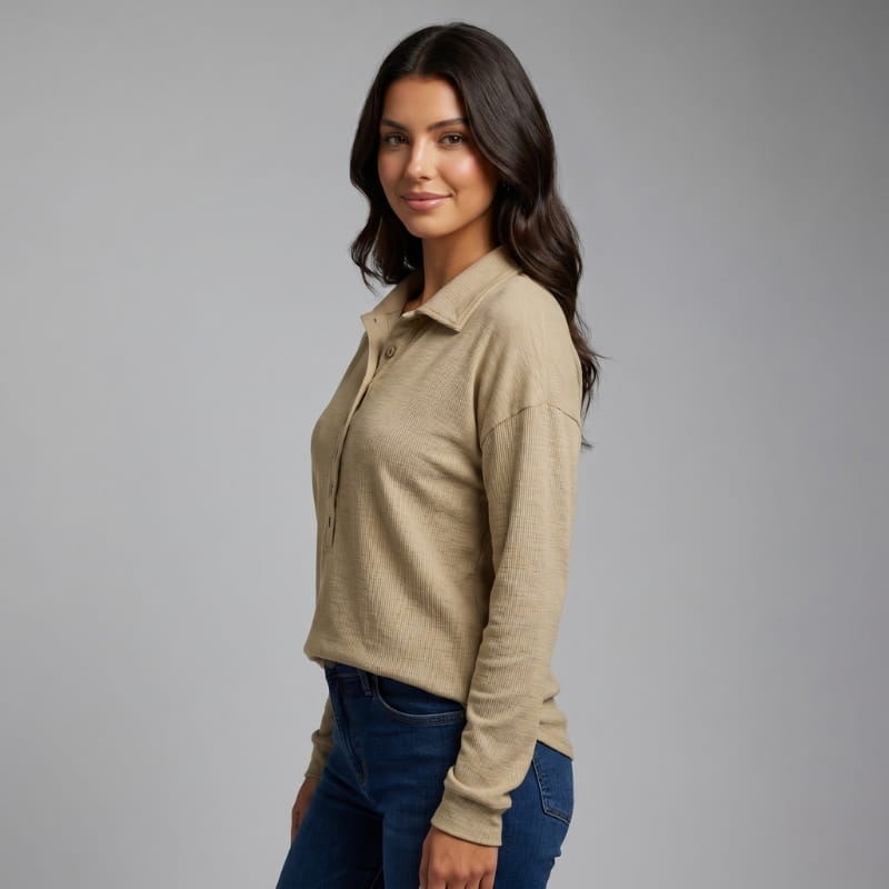 Eliana Ribbed Knit Long Sleeve Polo Shirt – Button-Down Collar Relaxed Casual Top