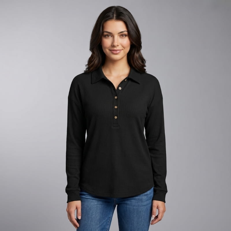 Eliana Ribbed Knit Long Sleeve Polo Shirt – Button-Down Collar Relaxed Casual Top