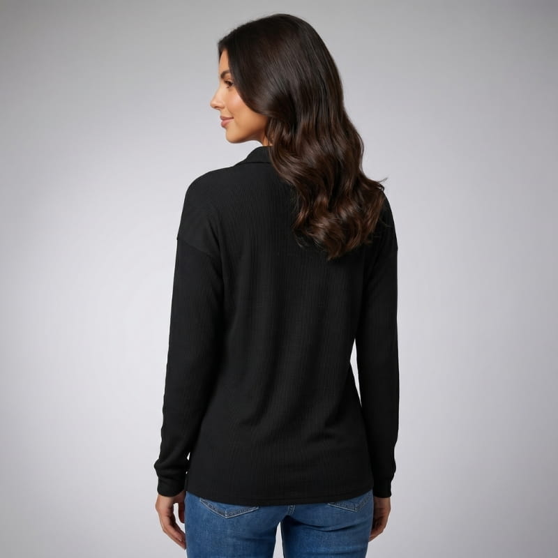 Eliana Ribbed Knit Long Sleeve Polo Shirt – Button-Down Collar Relaxed Casual Top