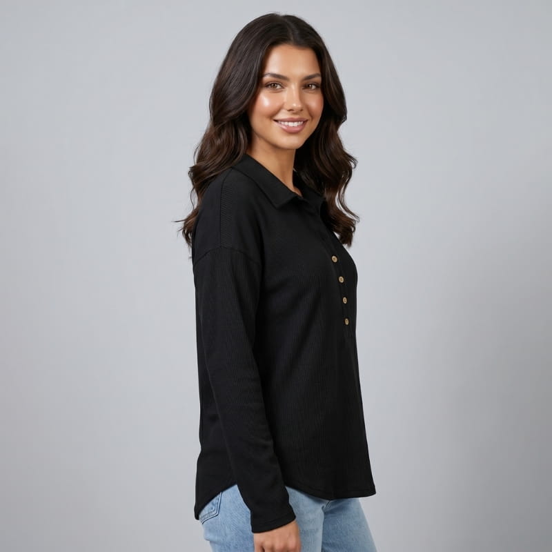Eliana Ribbed Knit Long Sleeve Polo Shirt – Button-Down Collar Relaxed Casual Top