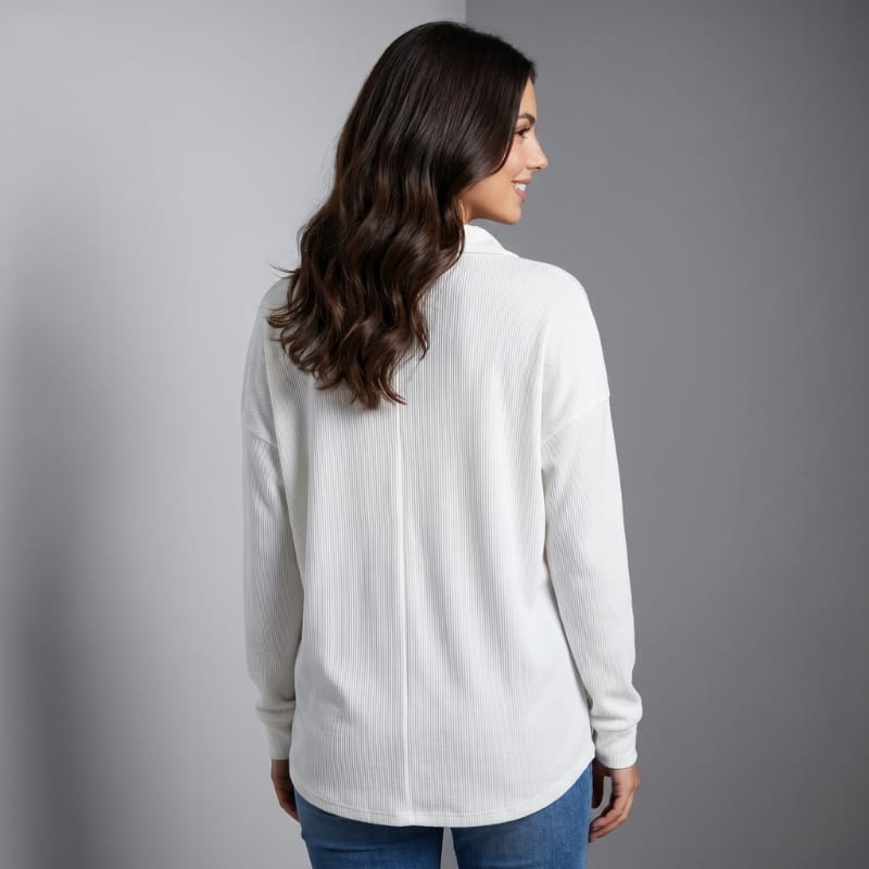 Eliana Ribbed Knit Long Sleeve Polo Shirt – Button-Down Collar Relaxed Casual Top