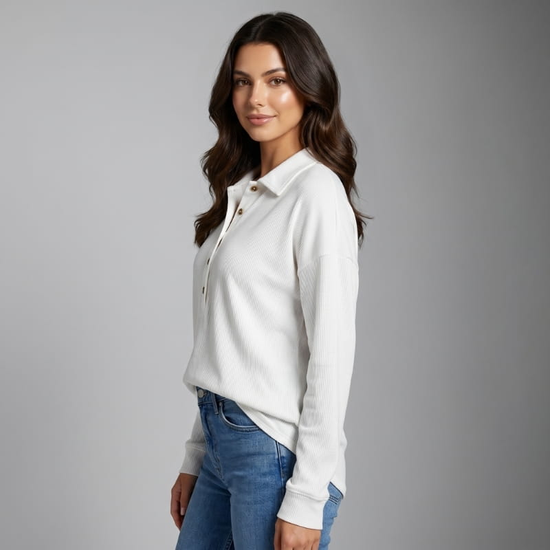 Eliana Ribbed Knit Long Sleeve Polo Shirt – Button-Down Collar Relaxed Casual Top